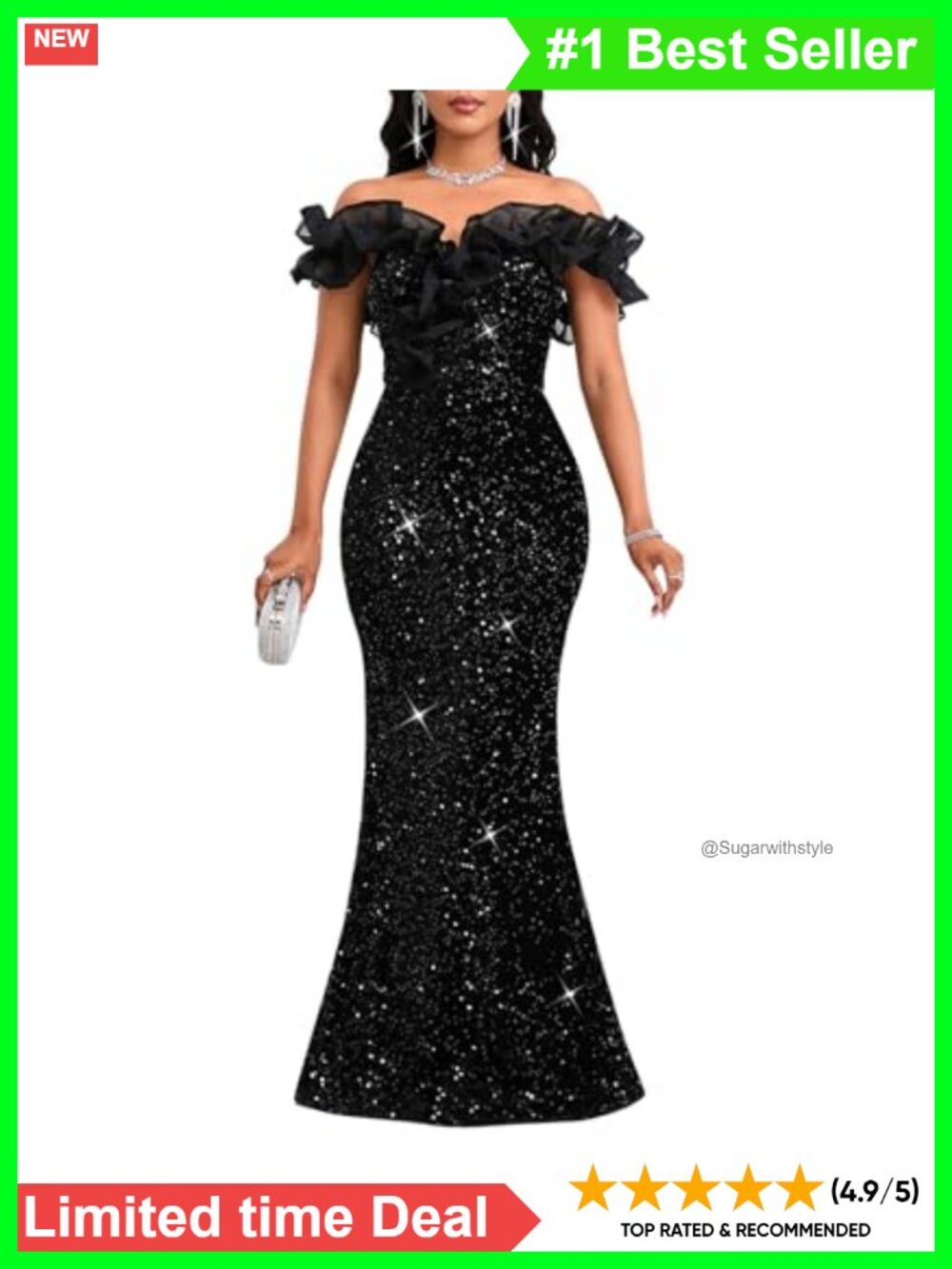Sequin Off Shoulder Ruffle Mermaid Formal Evening Gown Dress